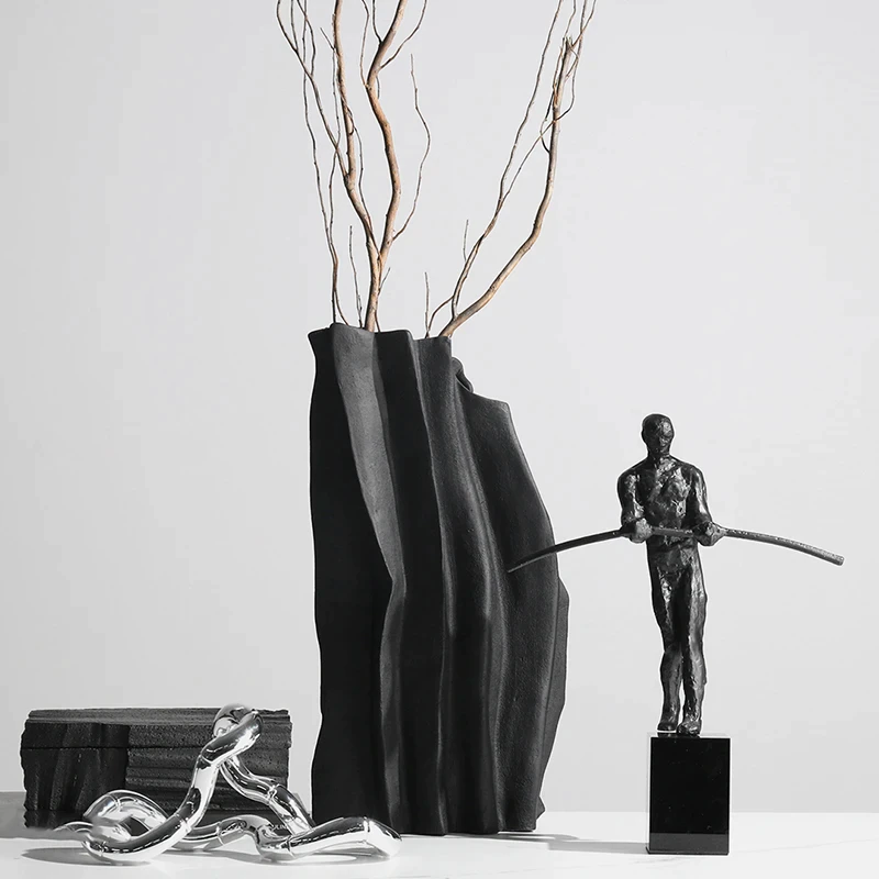 Black Cerami Vase Abstract Tabletop Minimaliste Art Creative