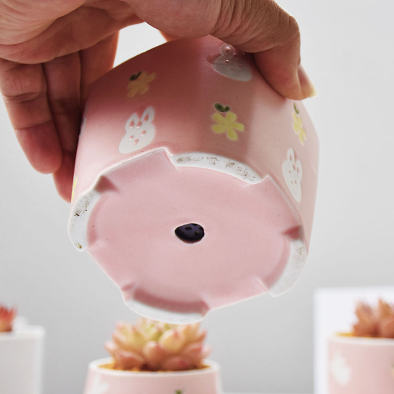 4PCS/Set Ceramic Cute Pink Rabbit Flower Pot - Image 4