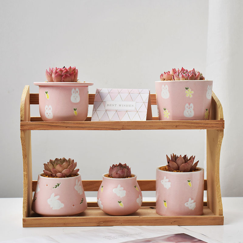 4PCS/Set Ceramic Cute Pink Rabbit Flower Pot - Image 2