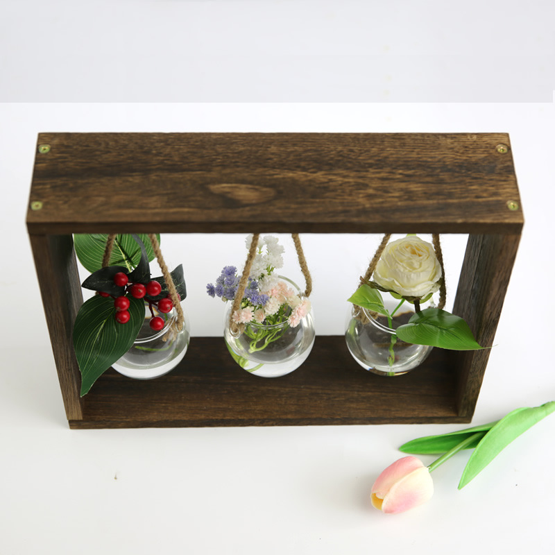 Creative Wooden Frame Transparent Glass Hydroponic Plant Pot Vase - Image 3
