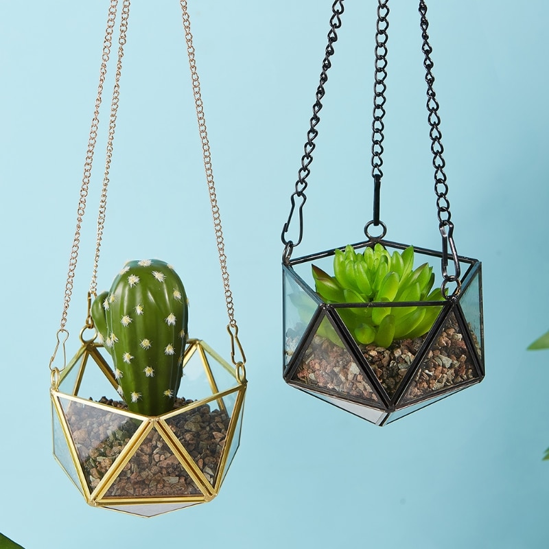 Modern Polyhedron Diamond Shape Hanging Glass Terrarium Plant Holder - Image 4
