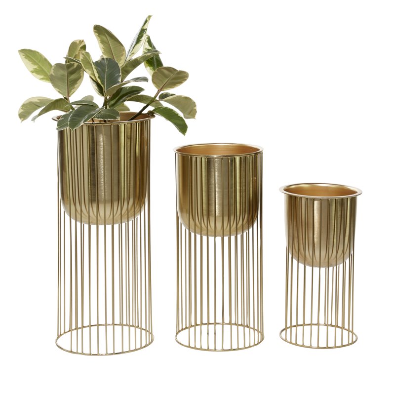 24", 20", 16"H Deep Recessed Dome Gold Metal Planter with Elevated Caged Stand (3 Count) - Image 3