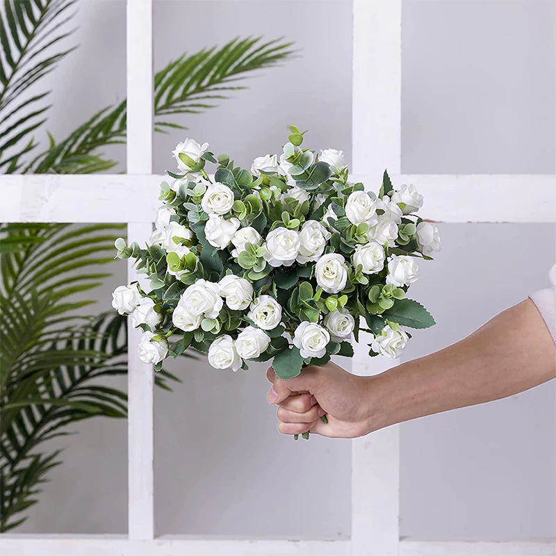 10 Heads Artificial Flower White Silk Rose Eucalyptus Leaves Home Decor - Image 2