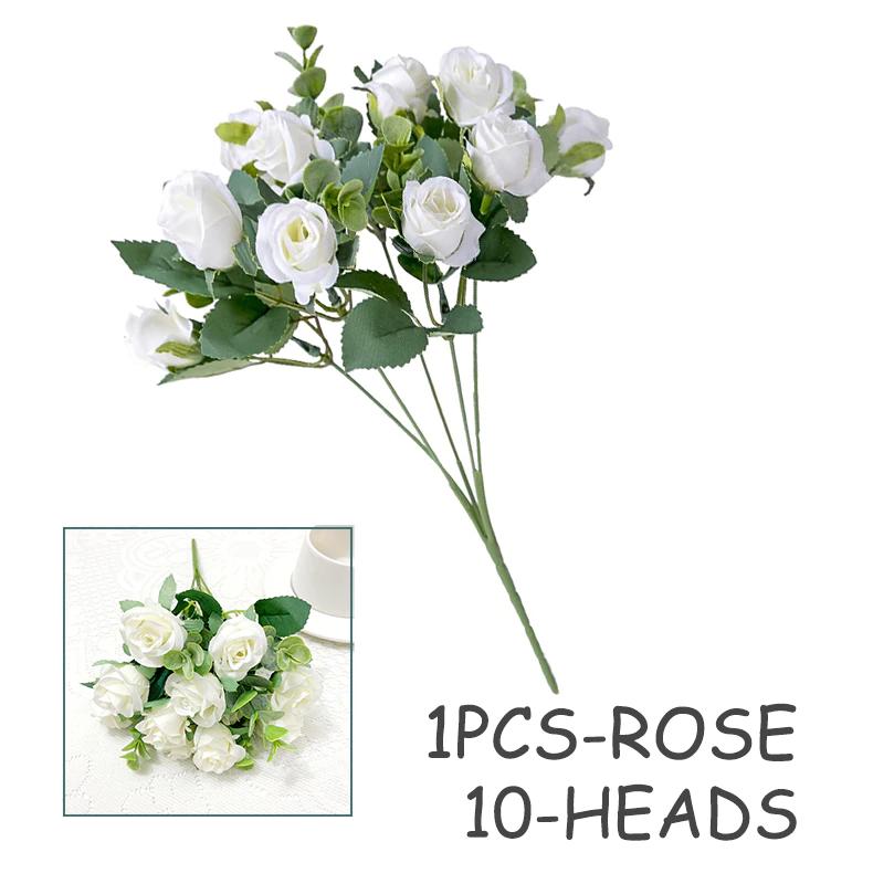 10 Heads Artificial Flower White Silk Rose Eucalyptus Leaves Home Decor - Image 4