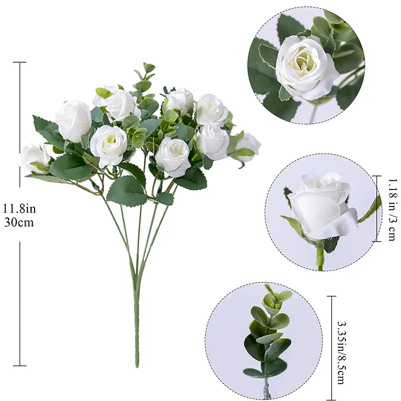 10 Heads Artificial Flower White Silk Rose Eucalyptus Leaves Home Decor - Image 5