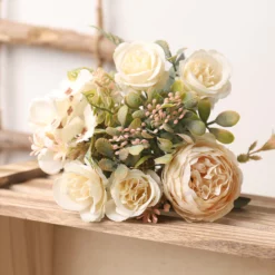 White Silk Artificial Roses Flowers Vintage Bouquet Home Decoration