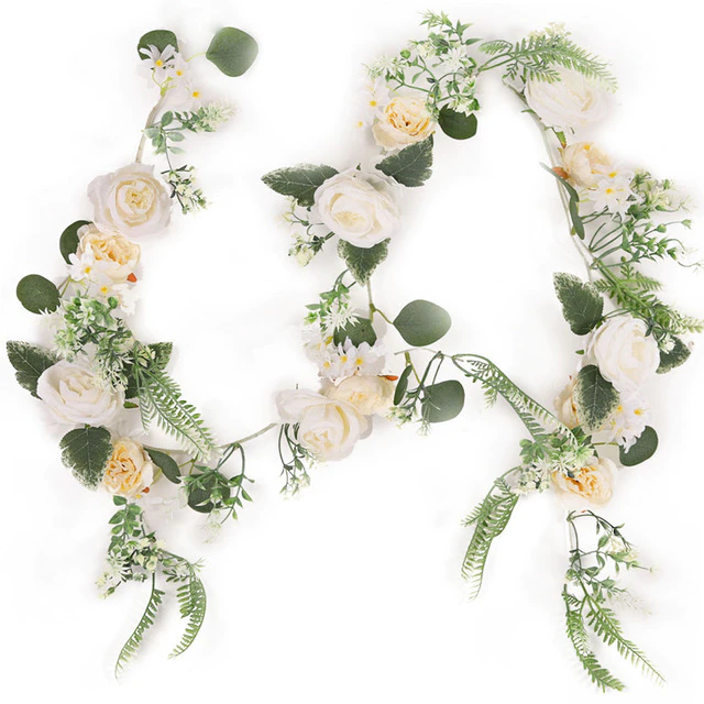 1.75M Artificial Flowers White Rose Eucalyptus Garland Silk Vines Wedding Home Decoration