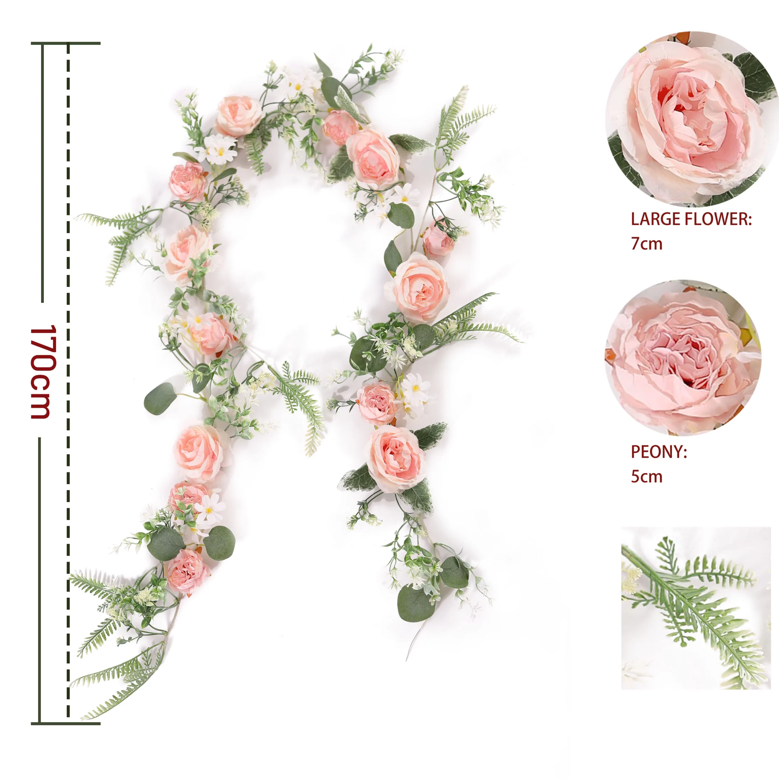 1.7M Pink Silk Rose Peony Garland Artificial Flowers Eucalyptus Leaves Vines Wedding Home Decoration - Image 3
