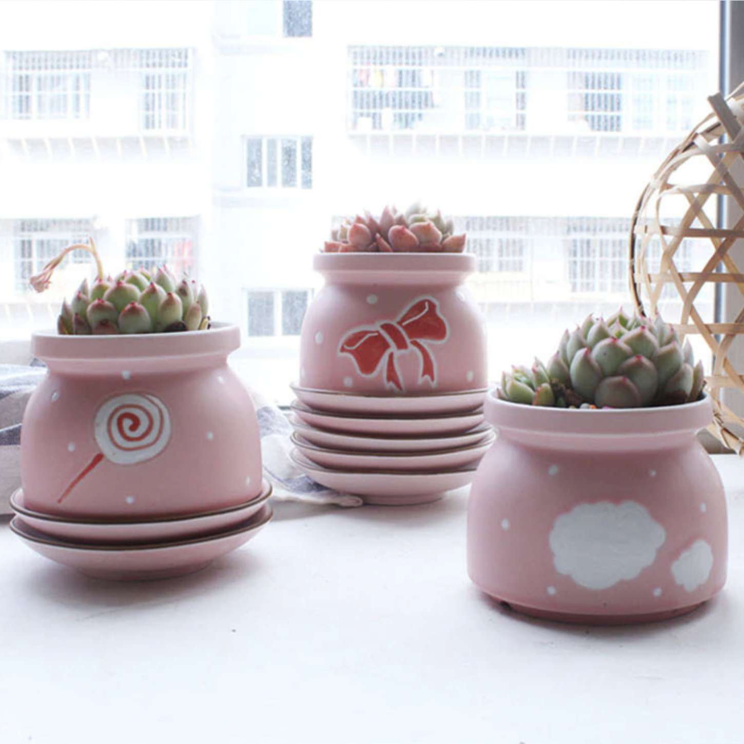 4PCS/Set Pink Ceramic Plant Pot With Hole Design - Image 2