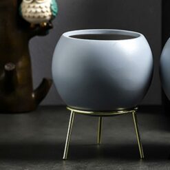 Grey Ceramic Medium Succulent Flower Plant Pots With Metal Stand Holder