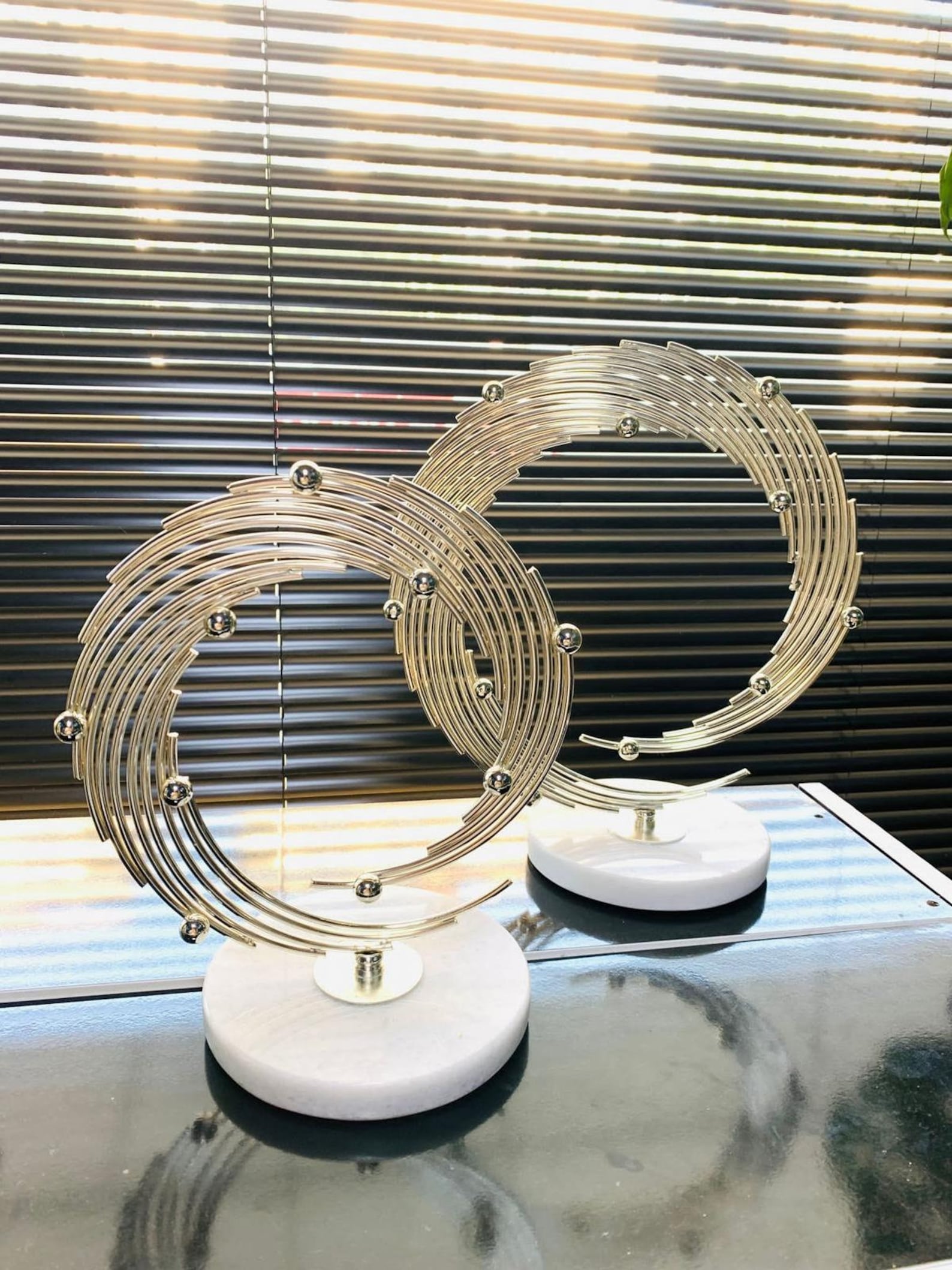 2 Sets of Marble Stand Planet, Gold Metal Decorative - Image 2