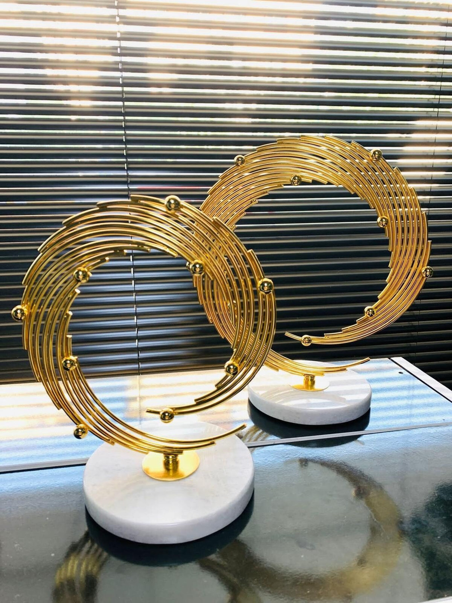 2 Sets of Marble Stand Planet, Gold Metal Decorative