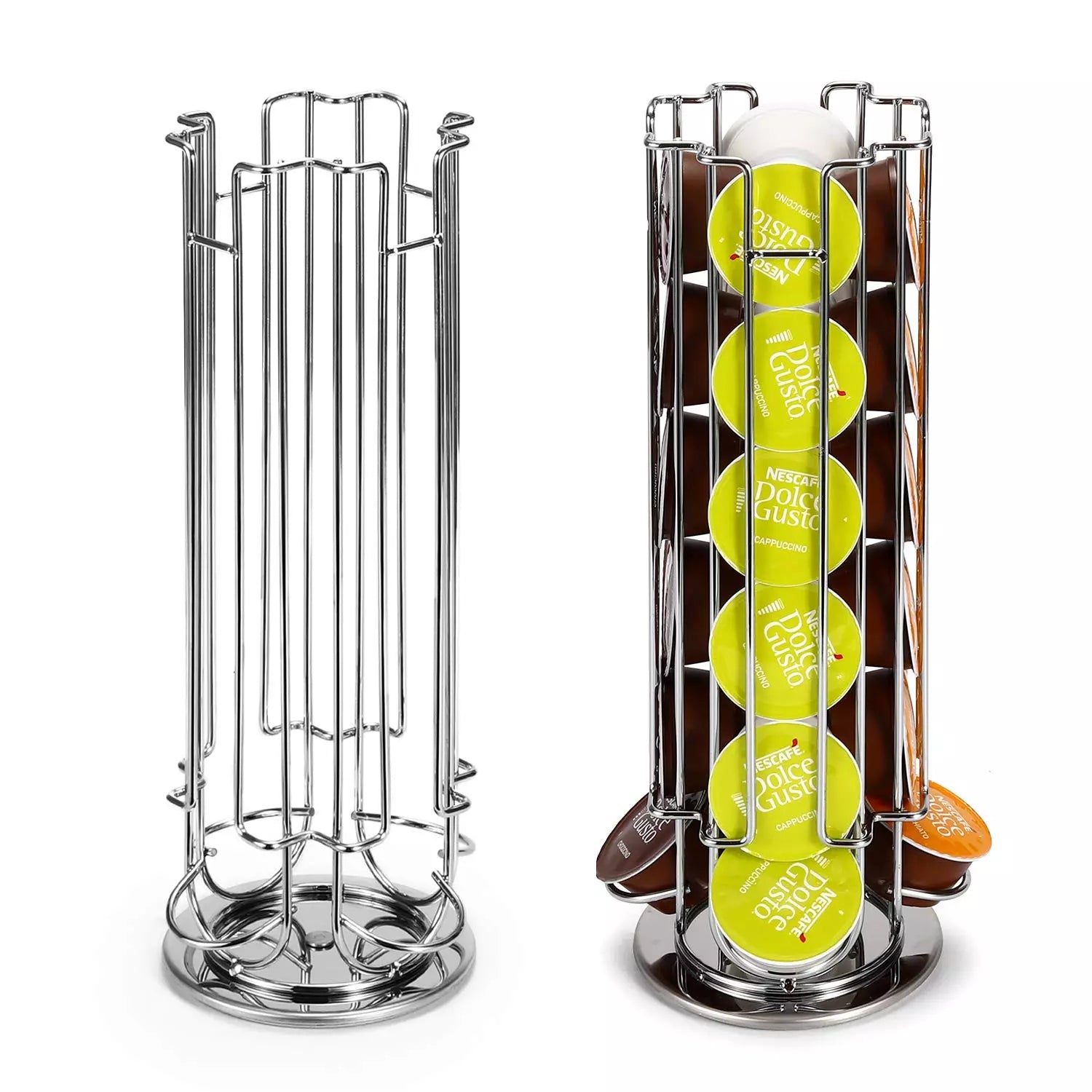 24 Coffee Pod Holder - Rotating Chrome Tower Storage Stand for Coffee Capsules