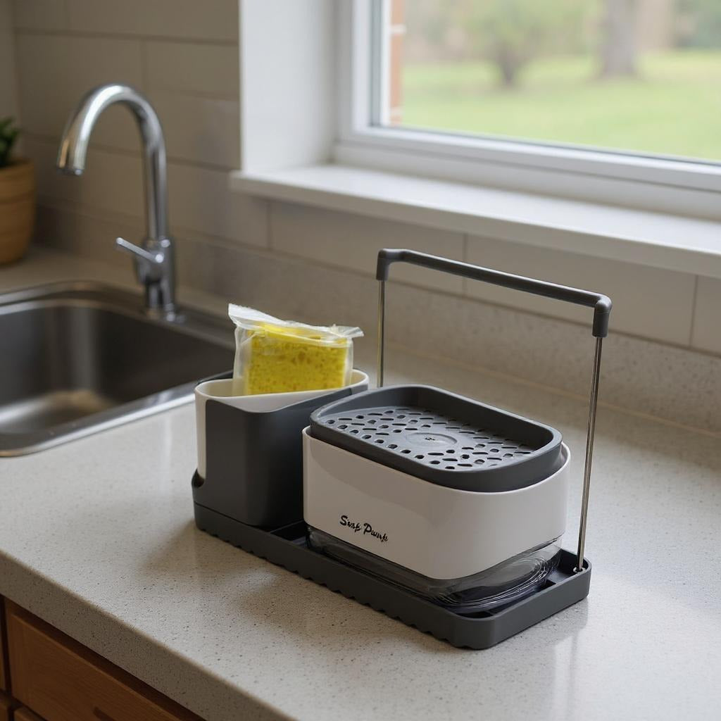 3-in-1 Soap Dispenser with Sponge Holder, Dishcloth & Brush Rack, Sink Caddy Organizer for Kitchen Countertop - Image 3