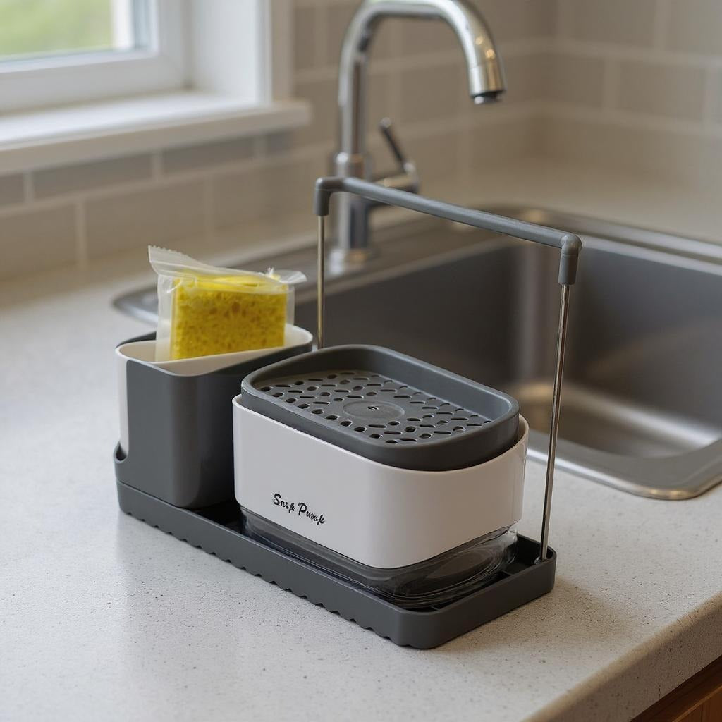 3-in-1 Soap Dispenser with Sponge Holder, Dishcloth & Brush Rack, Sink Caddy Organizer for Kitchen Countertop - Image 4