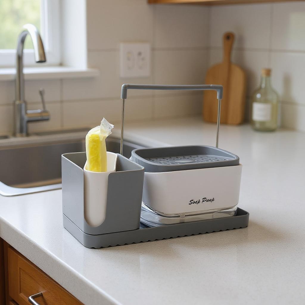 3-in-1 Soap Dispenser with Sponge Holder, Dishcloth & Brush Rack, Sink Caddy Organizer for Kitchen Countertop