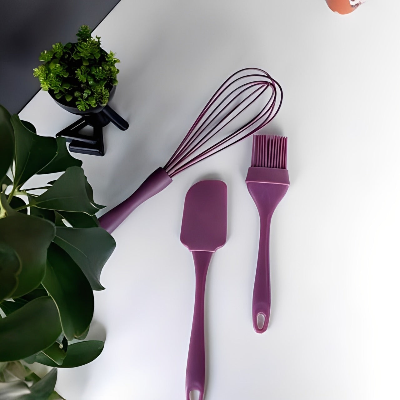 3-Piece Silicone Kitchen Gadget Set, Whisk, Brush, Spatula Utensil Set for Cooking