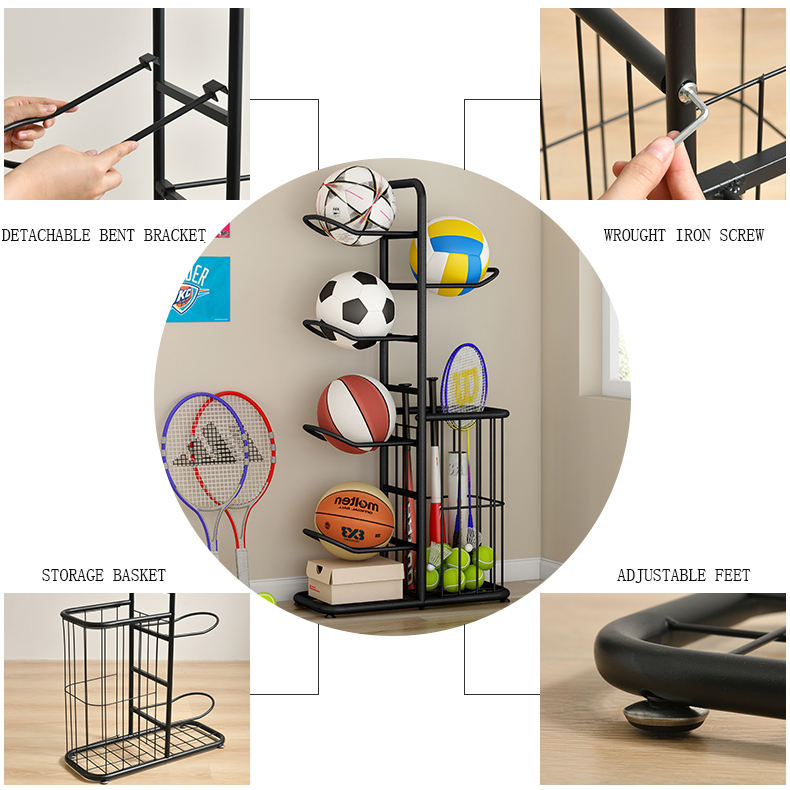 Ball Storage Rack, Basketball Football Volleyball Badminton Racket Storage Stand, Sports Accessories Holder - Image 8