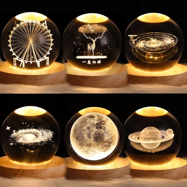 Crystal Ball LED Night Light, 3D Glowing Galaxy Lamp with Wood Base for Home Decor