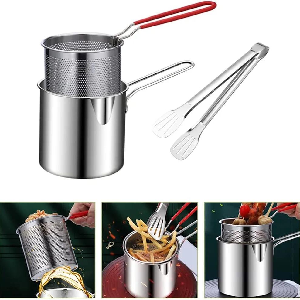 Deep Frying Pot Strainer with Basket and Tong, Mini Long Handle Deep Oil Fryer - Image 7