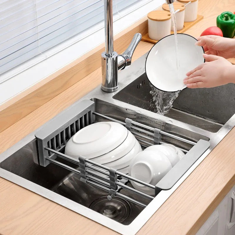 Expandable Dish Drying and Washing Basket - Adjustable Over The Sink Dish Drain Rack, Fruit and Vegetable Washing