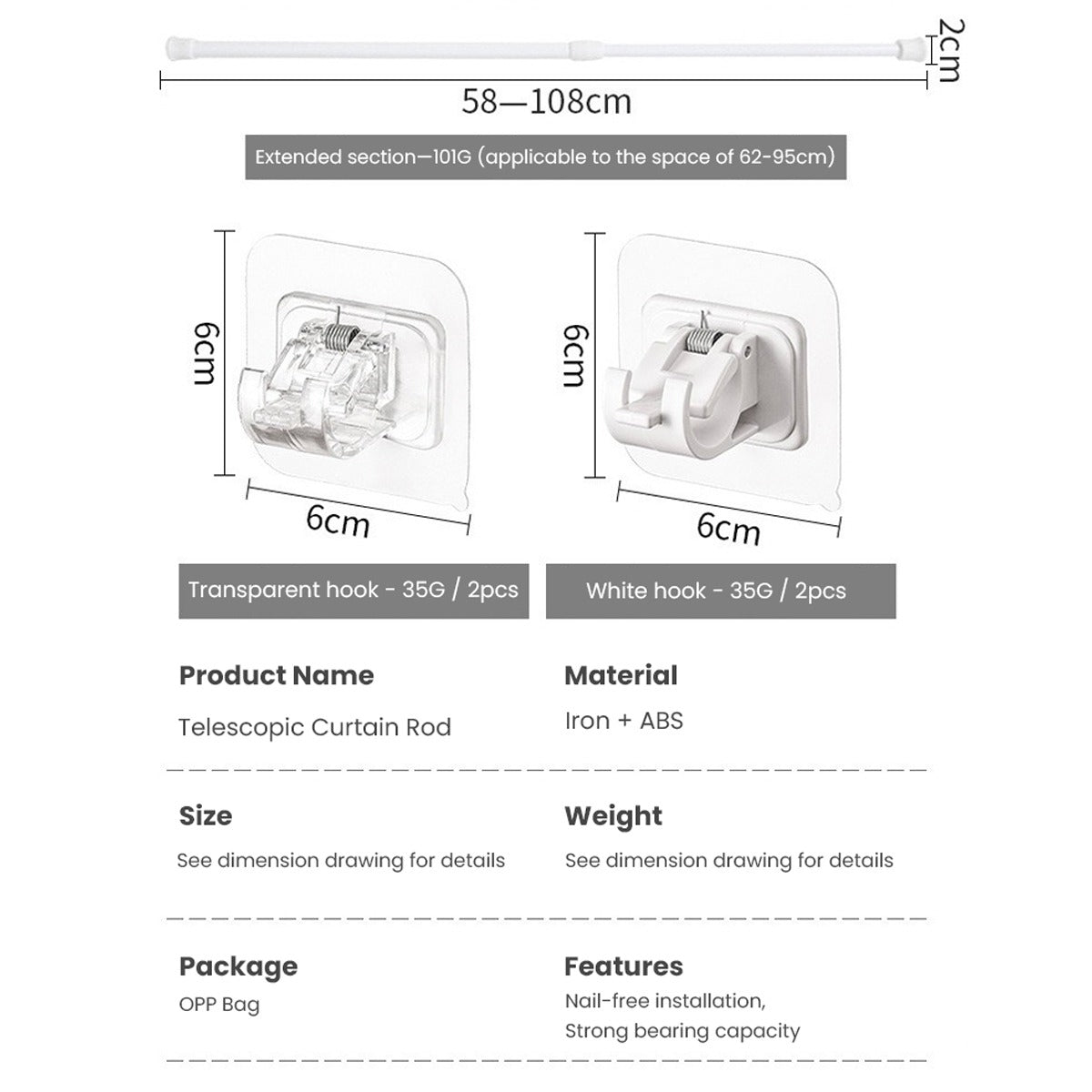 Extendable Hanger Rod, Adjustable Curtain Telescopic Pole Household Hanging Rod - Image 13