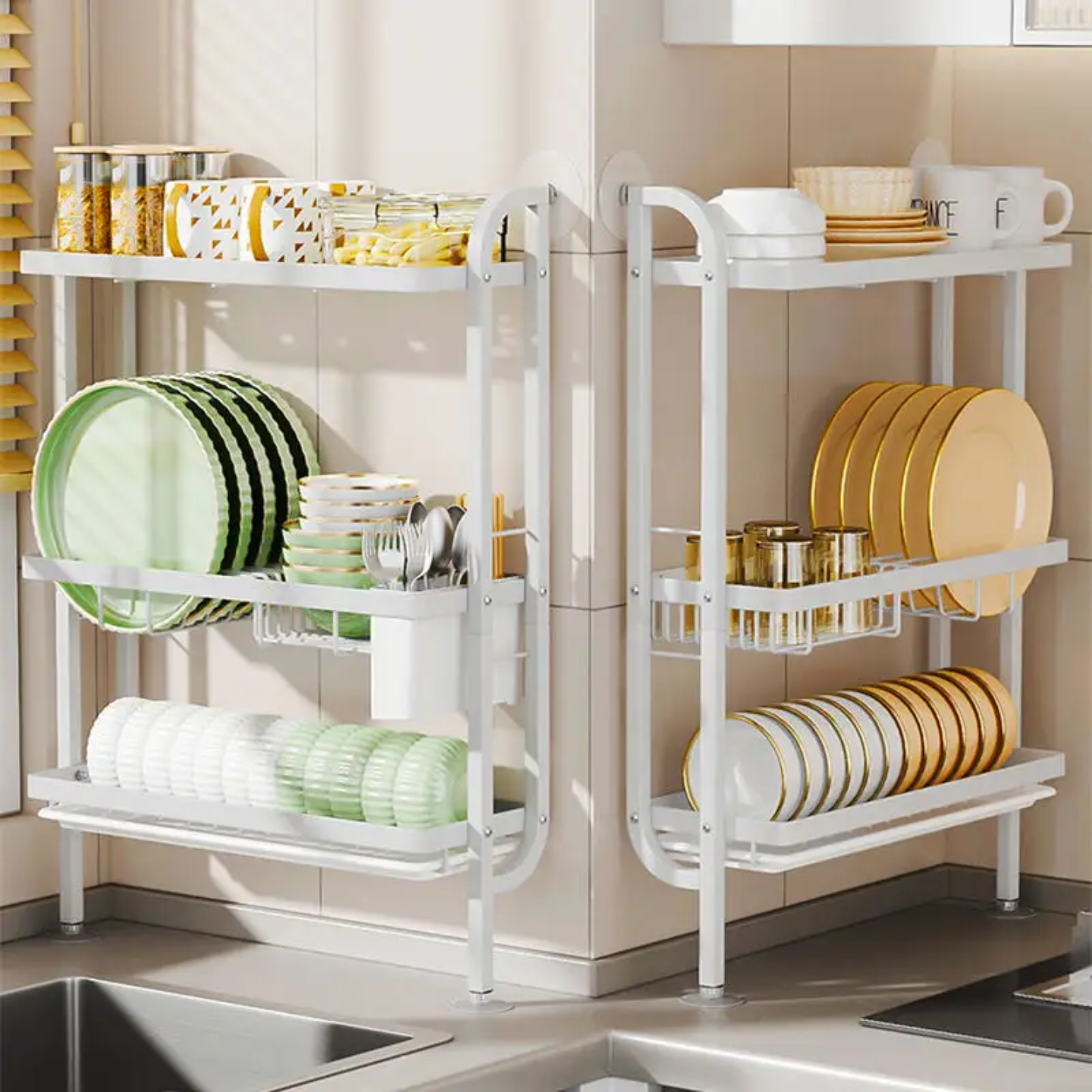 Kitchen Dish Storage Rack, Countertop Dish Drying Organizer Stand for Plates, Cups & Utensils