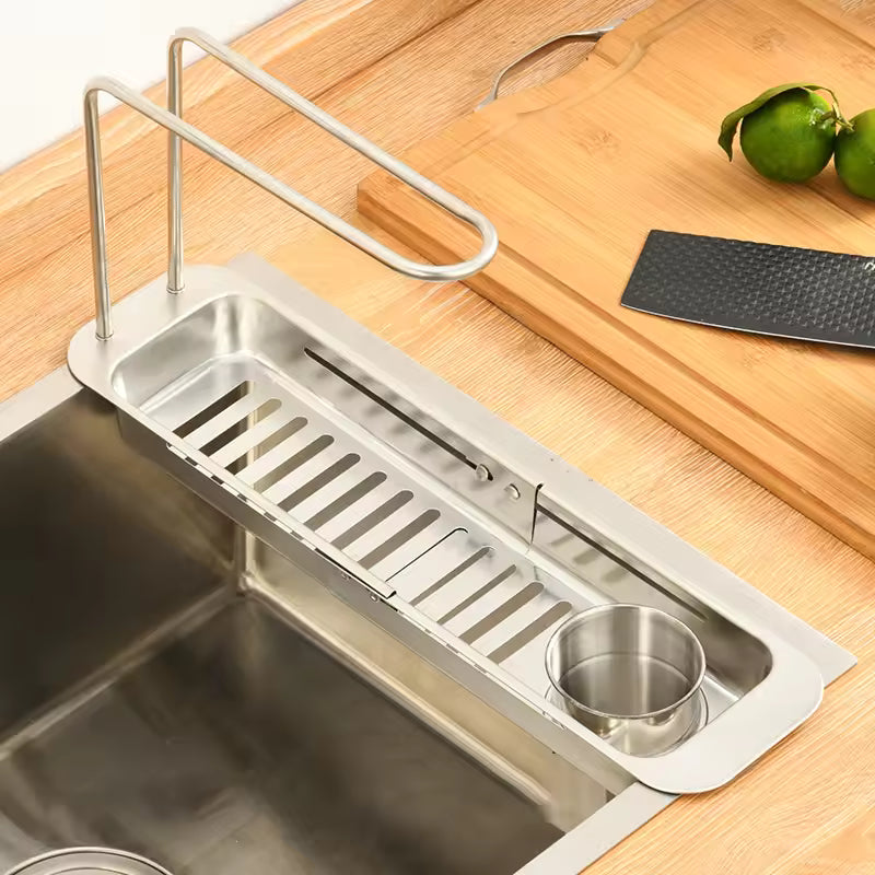 Kitchen Sink Organizer Storage Drain Rack, Expandable Stainless Steel Sponge & Soap Holder with Towel Rack & Filter Bucket