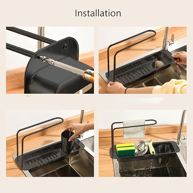 Kitchen Sink Organizer Storage Drain Rack, Expandable Stainless Steel Sponge & Soap Holder with Towel Rack & Filter Bucket - Image 15