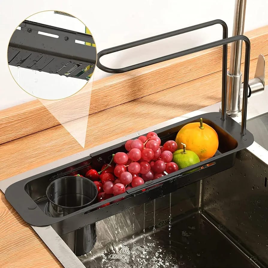 Kitchen Sink Organizer Storage Drain Rack, Expandable Stainless Steel Sponge & Soap Holder with Towel Rack & Filter Bucket - Image 6