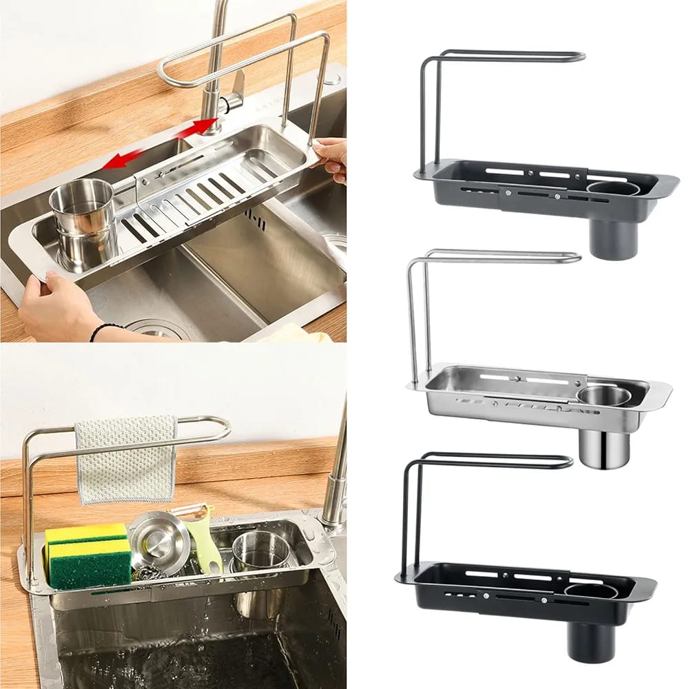 Kitchen Sink Organizer Storage Drain Rack, Expandable Stainless Steel Sponge & Soap Holder with Towel Rack & Filter Bucket - Image 9