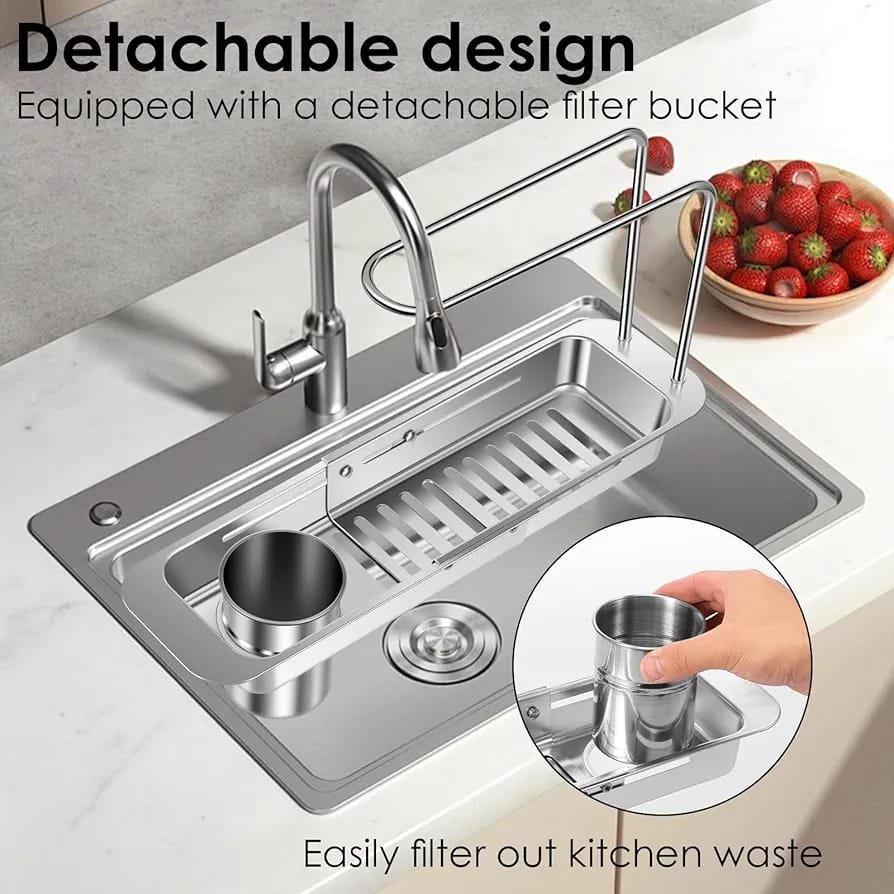 Kitchen Sink Organizer Storage Drain Rack, Expandable Stainless Steel Sponge & Soap Holder with Towel Rack & Filter Bucket - Image 11