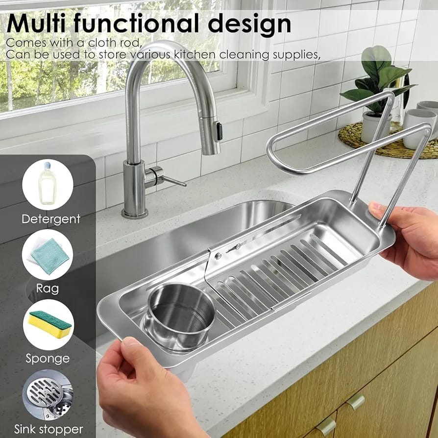 Kitchen Sink Organizer Storage Drain Rack, Expandable Stainless Steel Sponge & Soap Holder with Towel Rack & Filter Bucket - Image 8