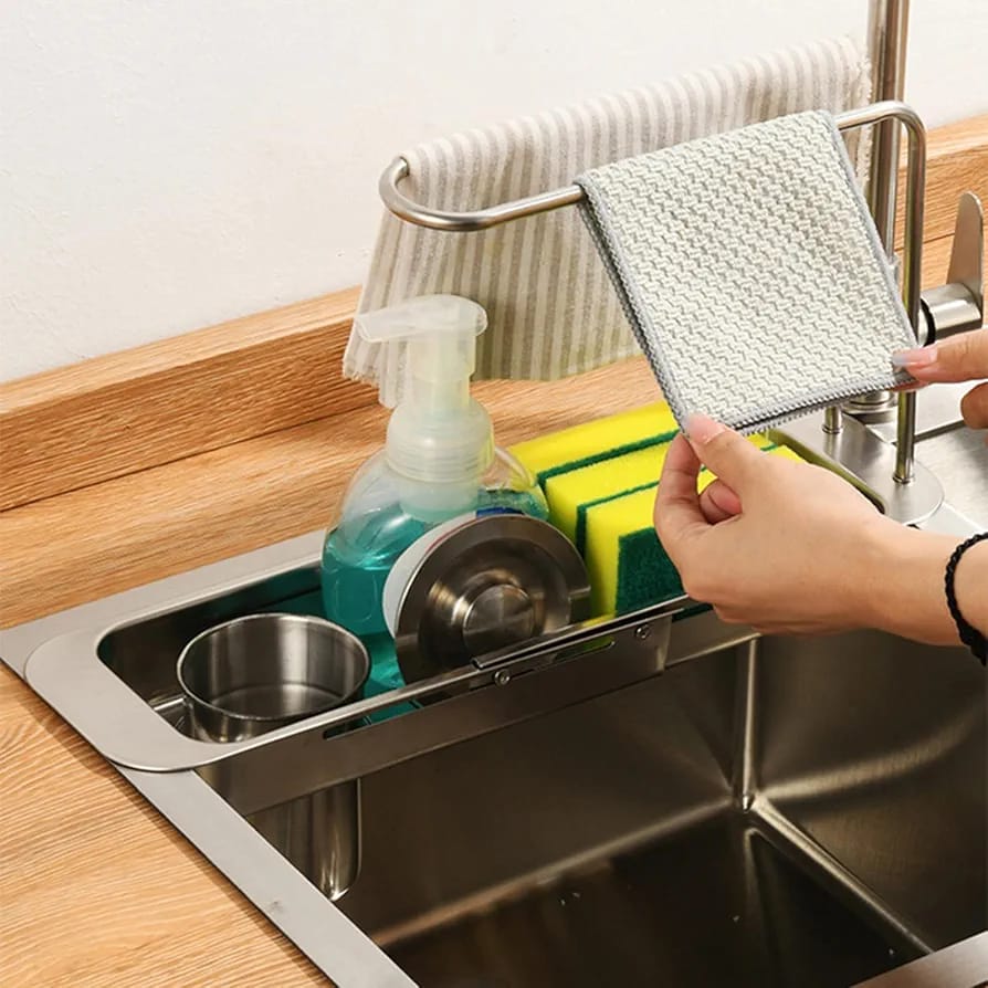 Kitchen Sink Organizer Storage Drain Rack, Expandable Stainless Steel Sponge & Soap Holder with Towel Rack & Filter Bucket - Image 3