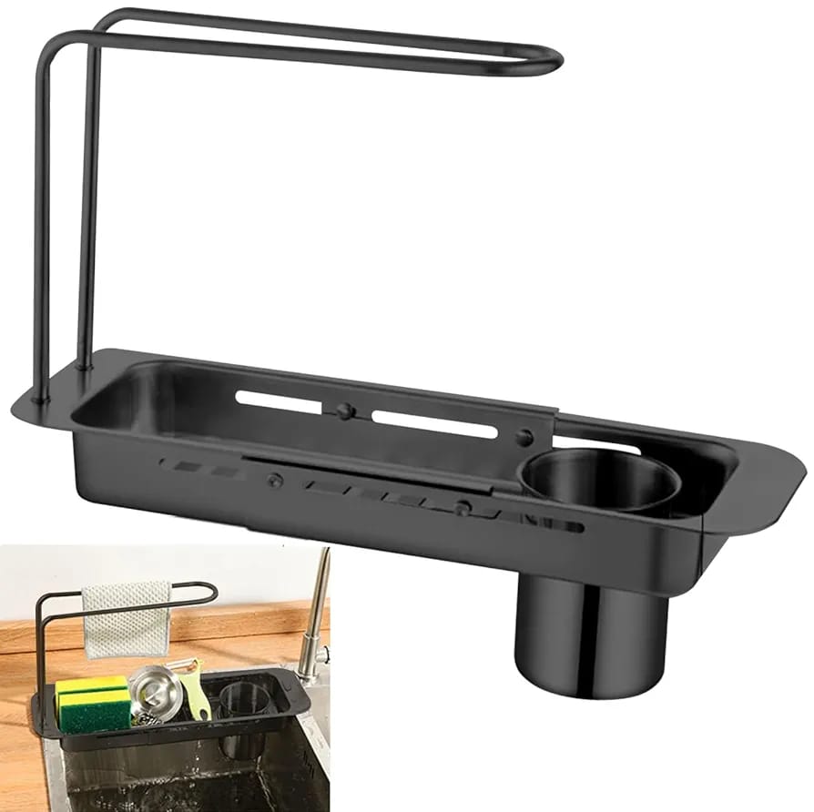 Kitchen Sink Organizer Storage Drain Rack, Expandable Stainless Steel Sponge & Soap Holder with Towel Rack & Filter Bucket - Image 5