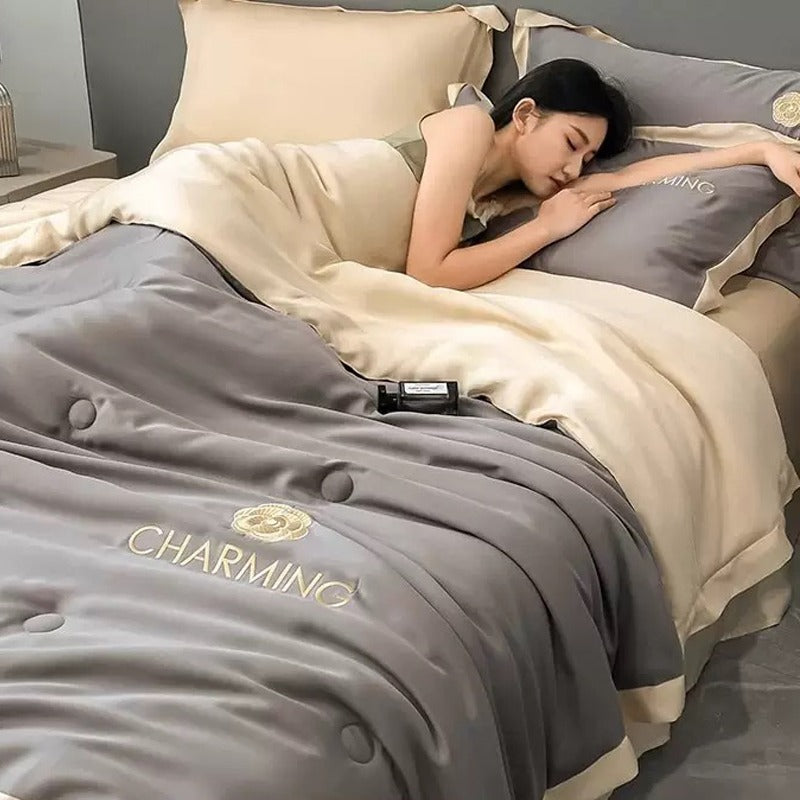 Quilted Cooling Comforter Set, Silky Smooth 4-Piece Bedding Set with Bedsheet & Pillow Covers