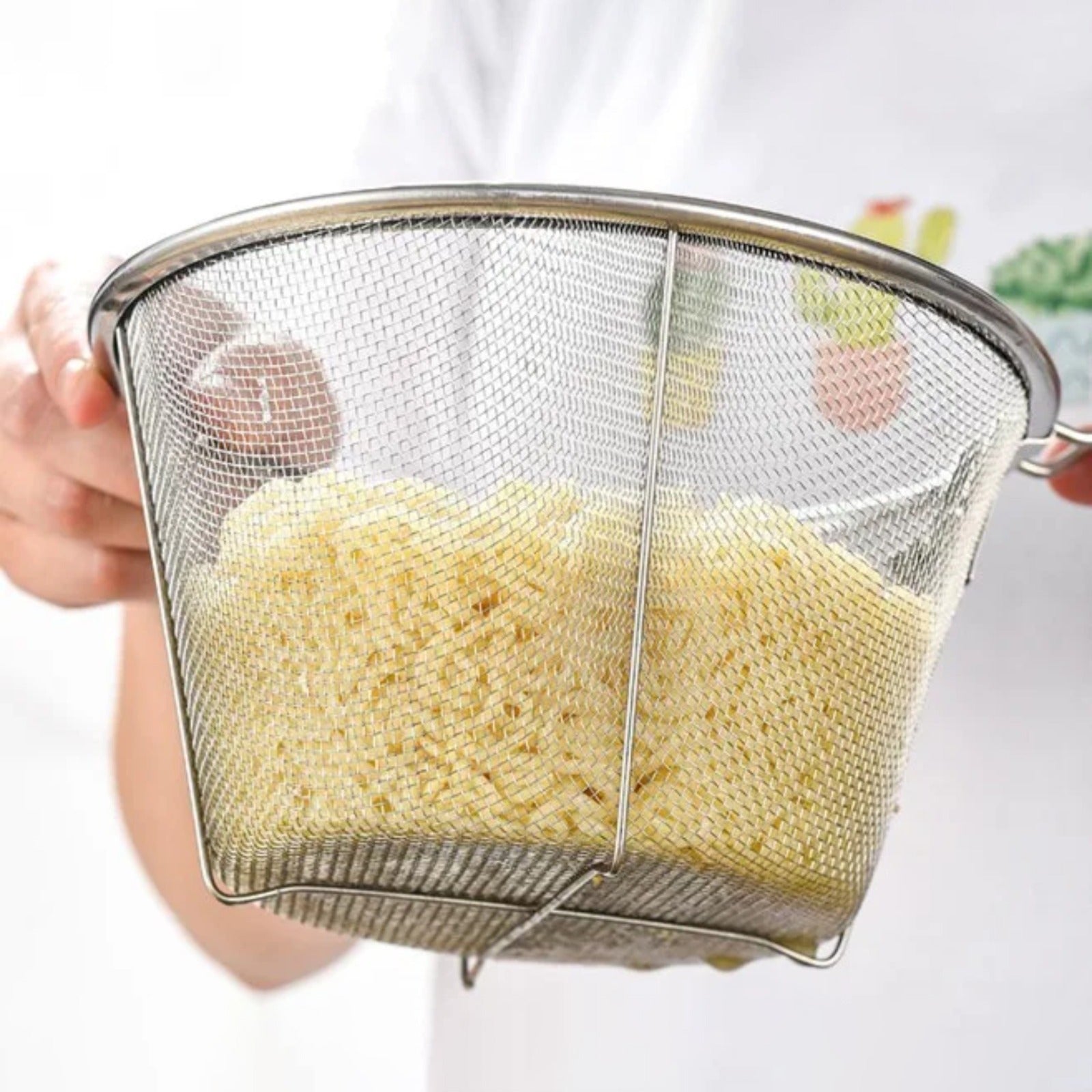 Stainless Steel Deep Fry Basket with Folding Handle, Oil strainer, French Fry Chip Strainer For Kitchen