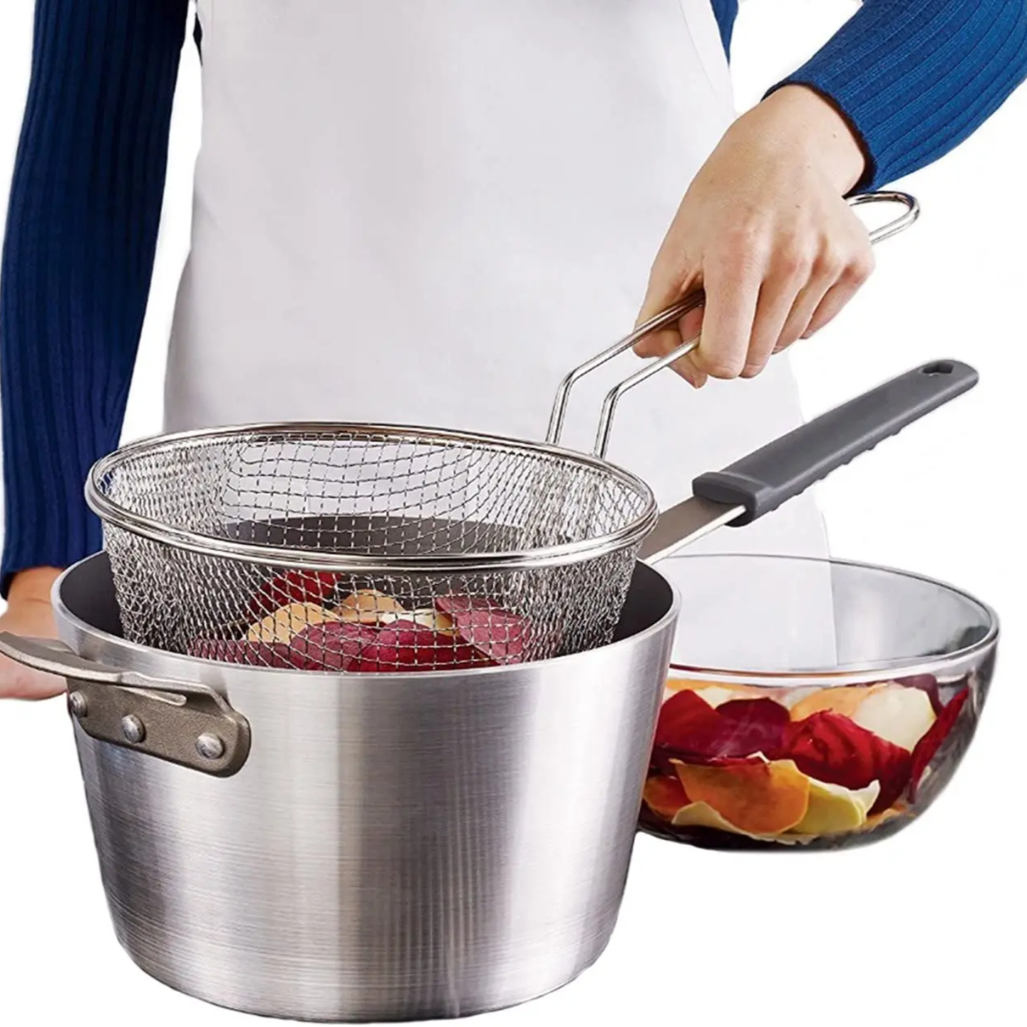 Stainless Steel Deep Fry Basket with Folding Handle, Oil strainer, French Fry Chip Strainer For Kitchen - Image 3