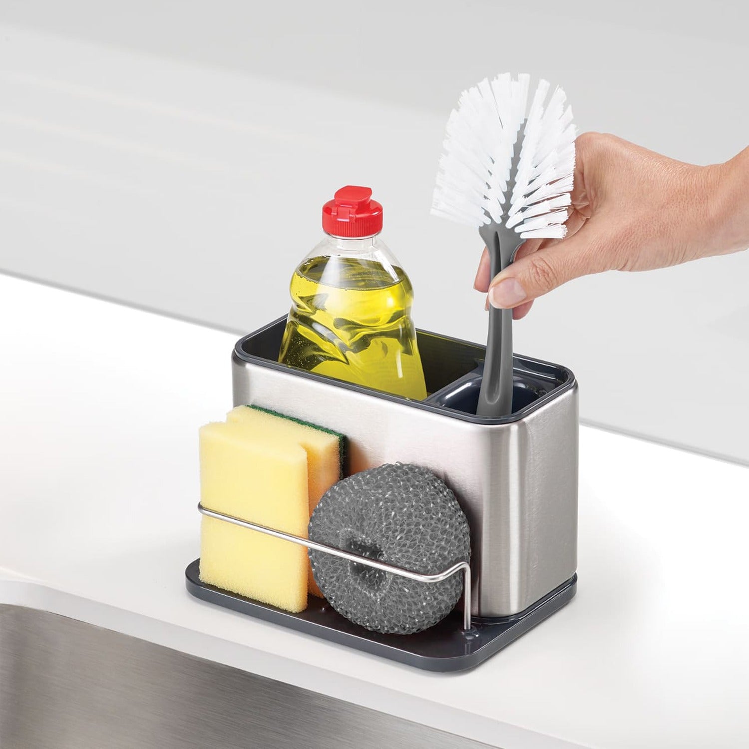 Stainless Steel Sink Organizer Rack, Kitchen Sponge, Soap Holder Basket, Kitchen Counter Caddy with Drain Tray